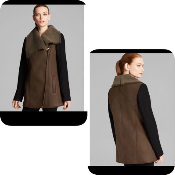 Sam Edelman Jackets & Blazers - Sam Edelman Olive & Black Leather Like Shearling Clip Coat Sz L.